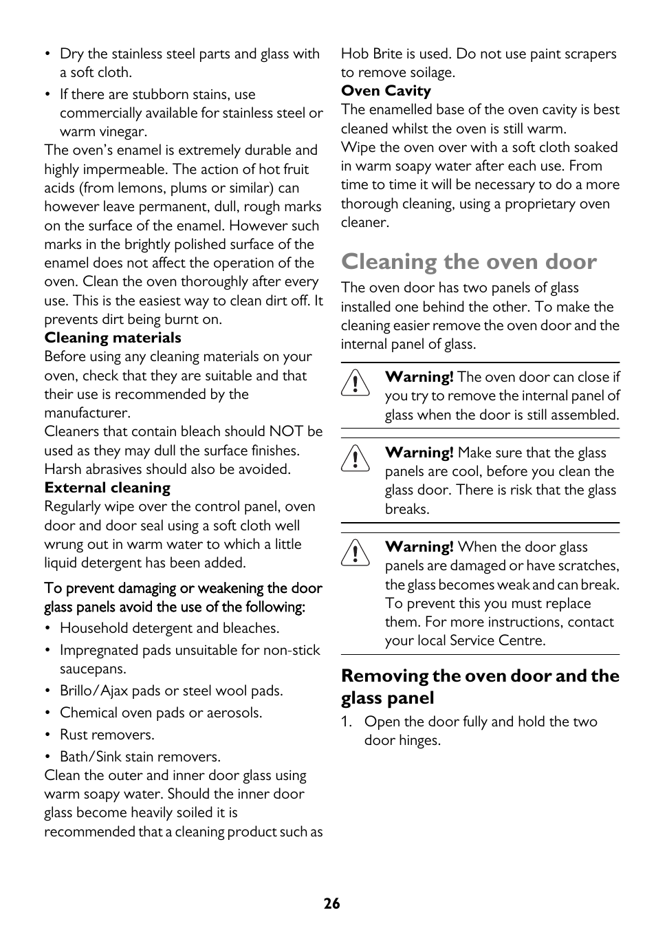 Cleaning the oven door, Removing the oven door and the glass panel | John Lewis JLBIOS662 User Manual | Page 26 / 36