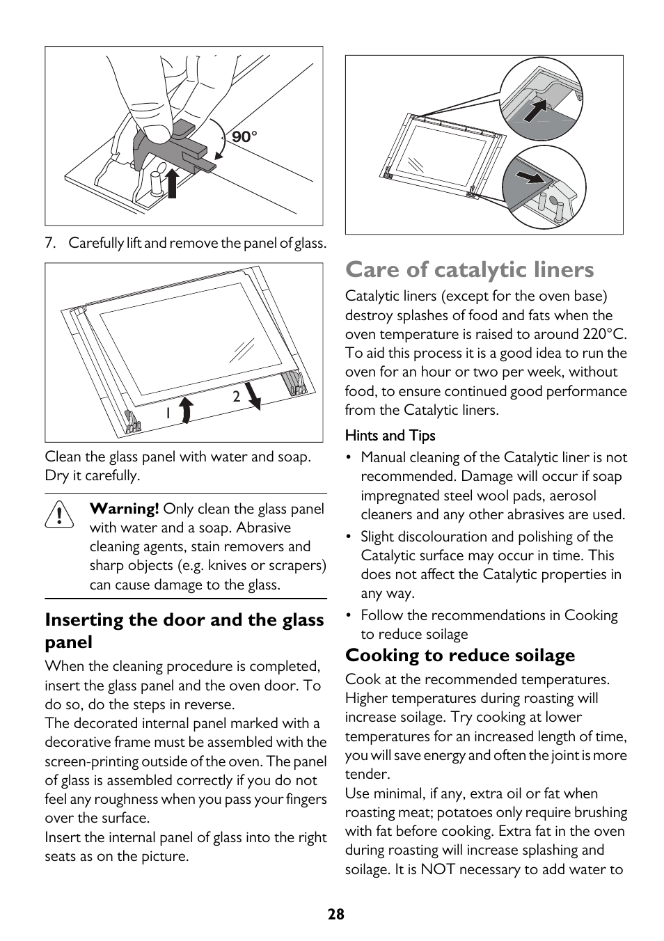 Care of catalytic liners, Inserting the door and the glass panel, Cooking to reduce soilage | John Lewis JLBIOS662 User Manual | Page 28 / 36