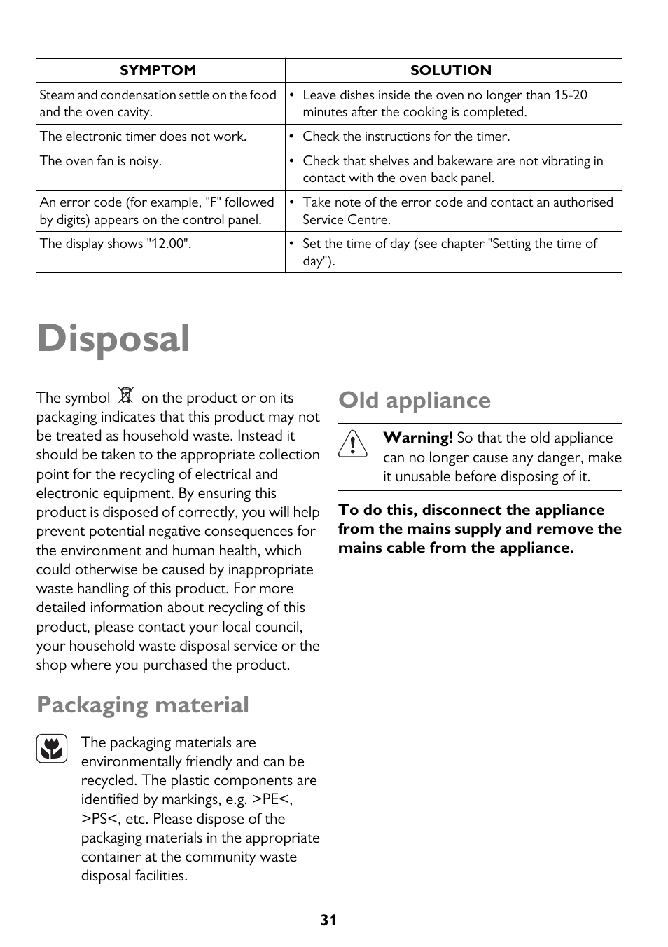 Disposal, Packaging material, Old appliance | John Lewis JLBIOS662 User Manual | Page 31 / 36
