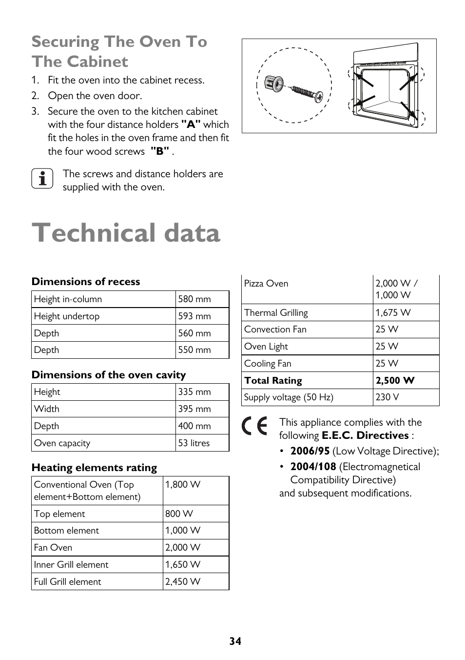 Technical data, Securing the oven to the cabinet | John Lewis JLBIOS662 User Manual | Page 34 / 36