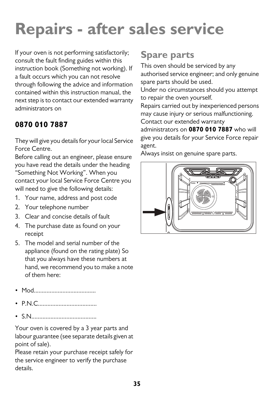 Repairs - after sales service, Spare parts | John Lewis JLBIOS662 User Manual | Page 35 / 36