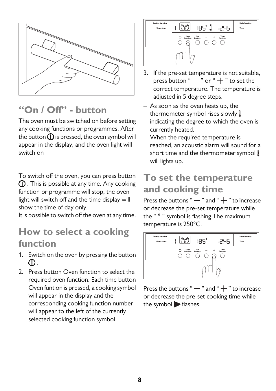 On / off” - button, How to select a cooking function | John Lewis JLBIOS662 User Manual | Page 8 / 36
