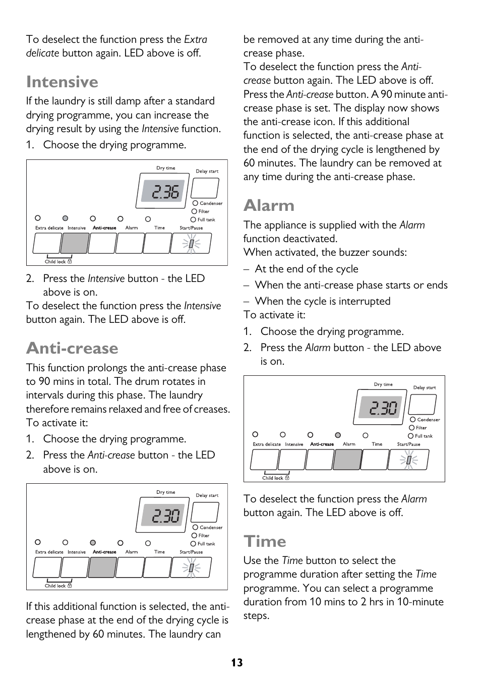 Intensive, Anti-crease, Alarm | Time | John Lewis JLTDC12 User Manual | Page 13 / 32