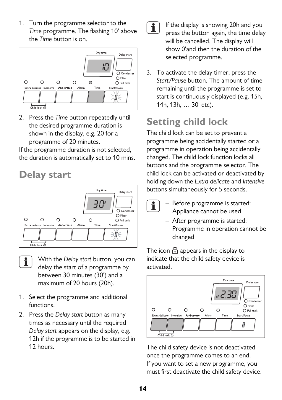 Delay start, Setting child lock | John Lewis JLTDC12 User Manual | Page 14 / 32