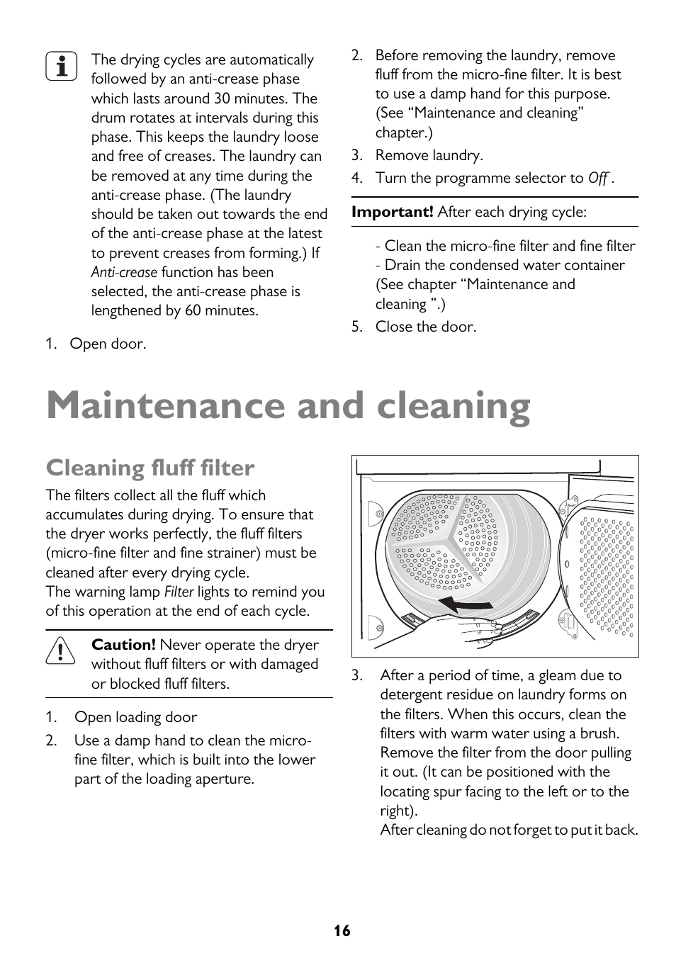 Maintenance and cleaning, Cleaning fluff filter | John Lewis JLTDC12 User Manual | Page 16 / 32