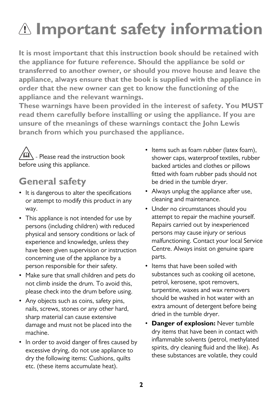 Important safety information, General safety | John Lewis JLTDC12 User Manual | Page 2 / 32