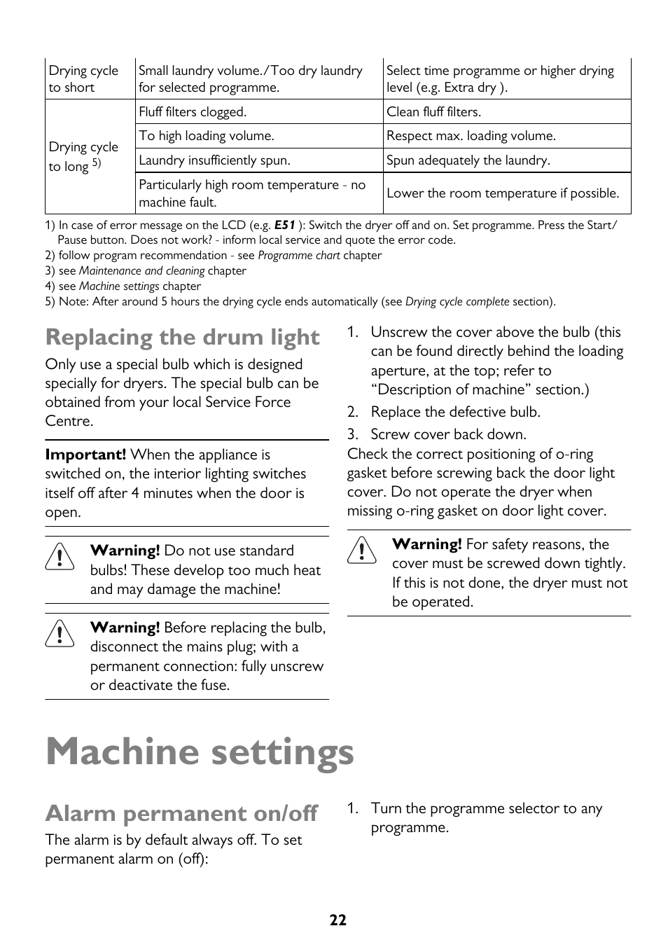 Machine settings, Replacing the drum light, Alarm permanent on/off | John Lewis JLTDC12 User Manual | Page 22 / 32