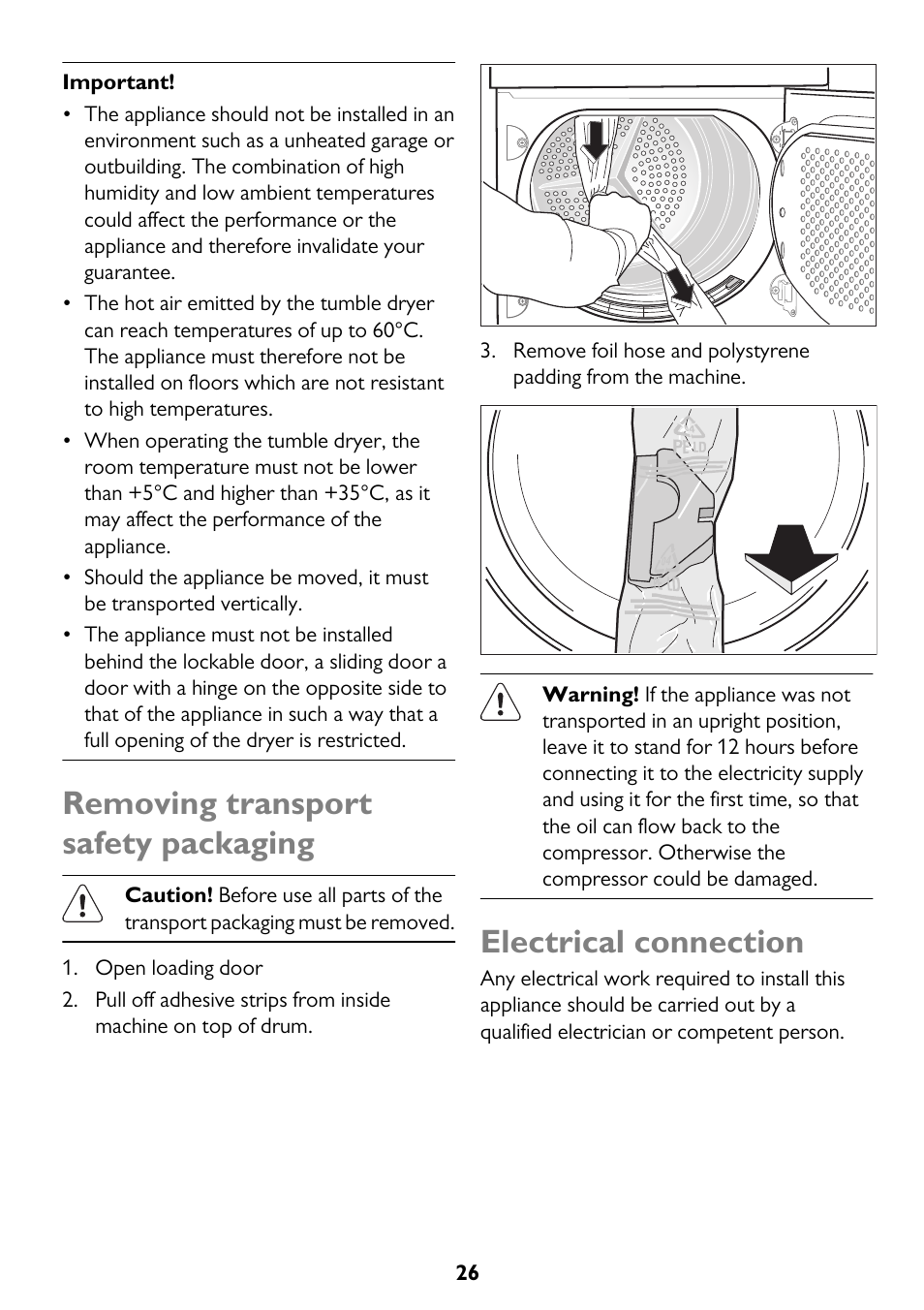 Removing transport safety packaging, Electrical connection | John Lewis JLTDC12 User Manual | Page 26 / 32