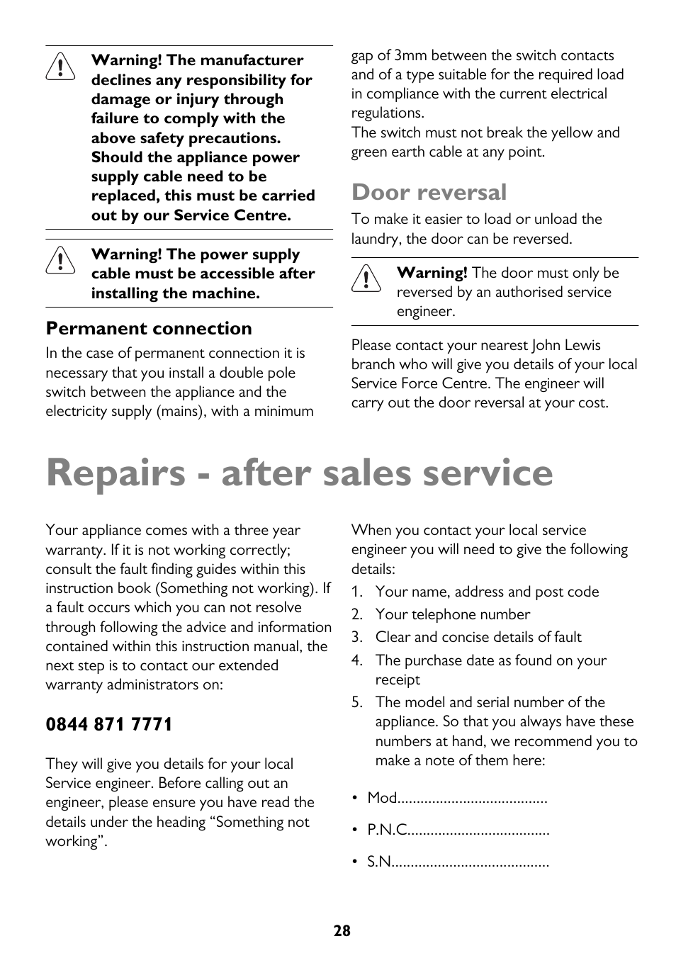 Repairs - after sales service, Door reversal | John Lewis JLTDC12 User Manual | Page 28 / 32