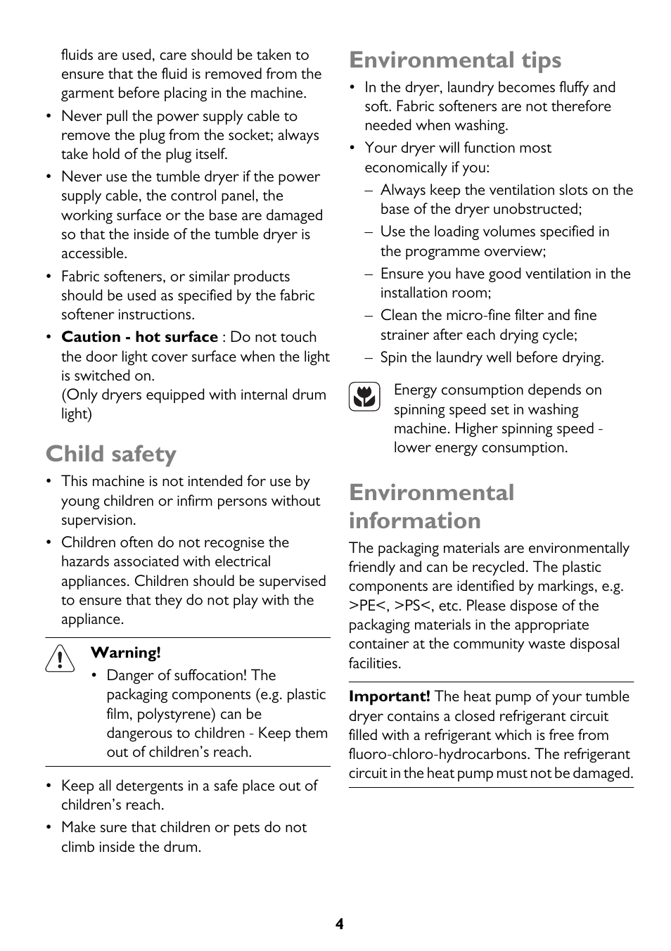 Child safety, Environmental tips, Environmental information | John Lewis JLTDC12 User Manual | Page 4 / 32