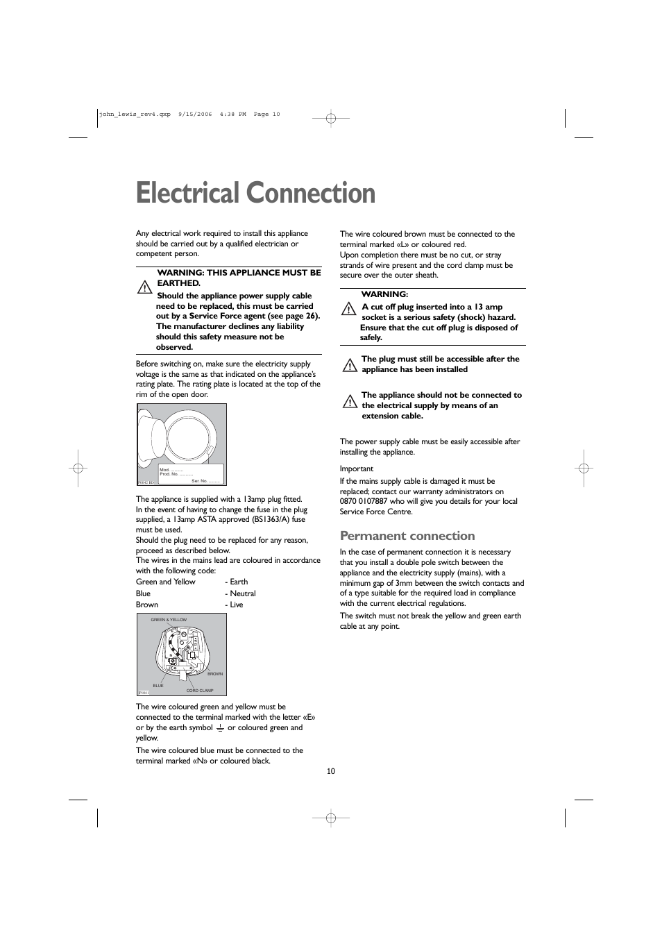 Electrical connection, Permanent connection | John Lewis JLWM1405 User Manual | Page 10 / 28