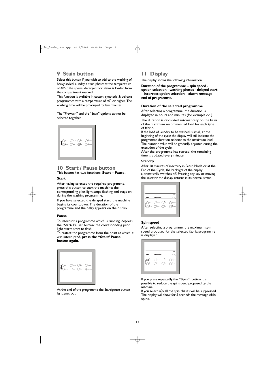 9 stain button, 10 start / pause button, 11 display | John Lewis JLWM1405 User Manual | Page 13 / 28