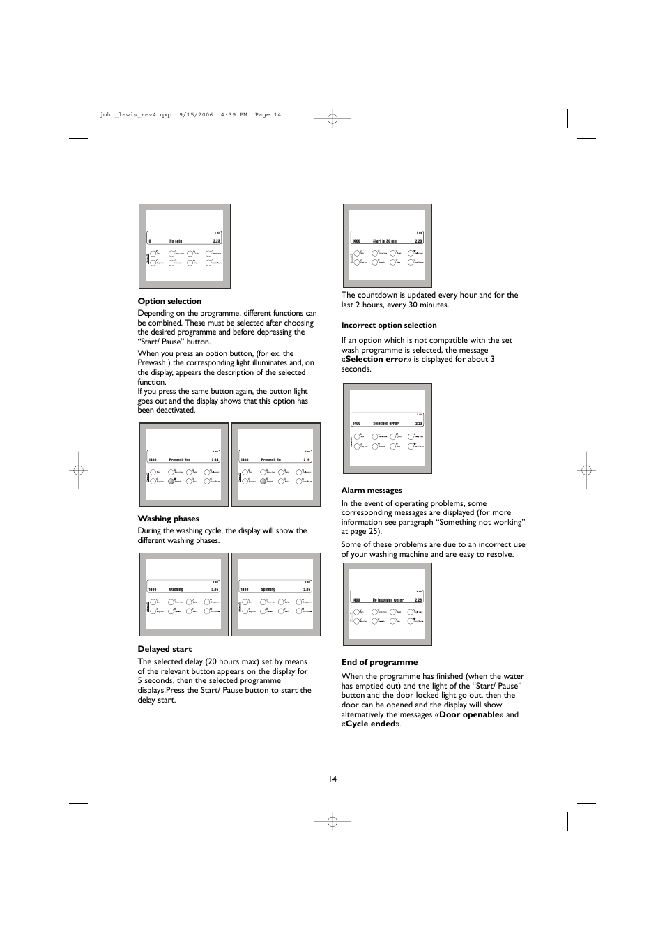 Incorrect option selection, Alarm messages | John Lewis JLWM1405 User Manual | Page 14 / 28