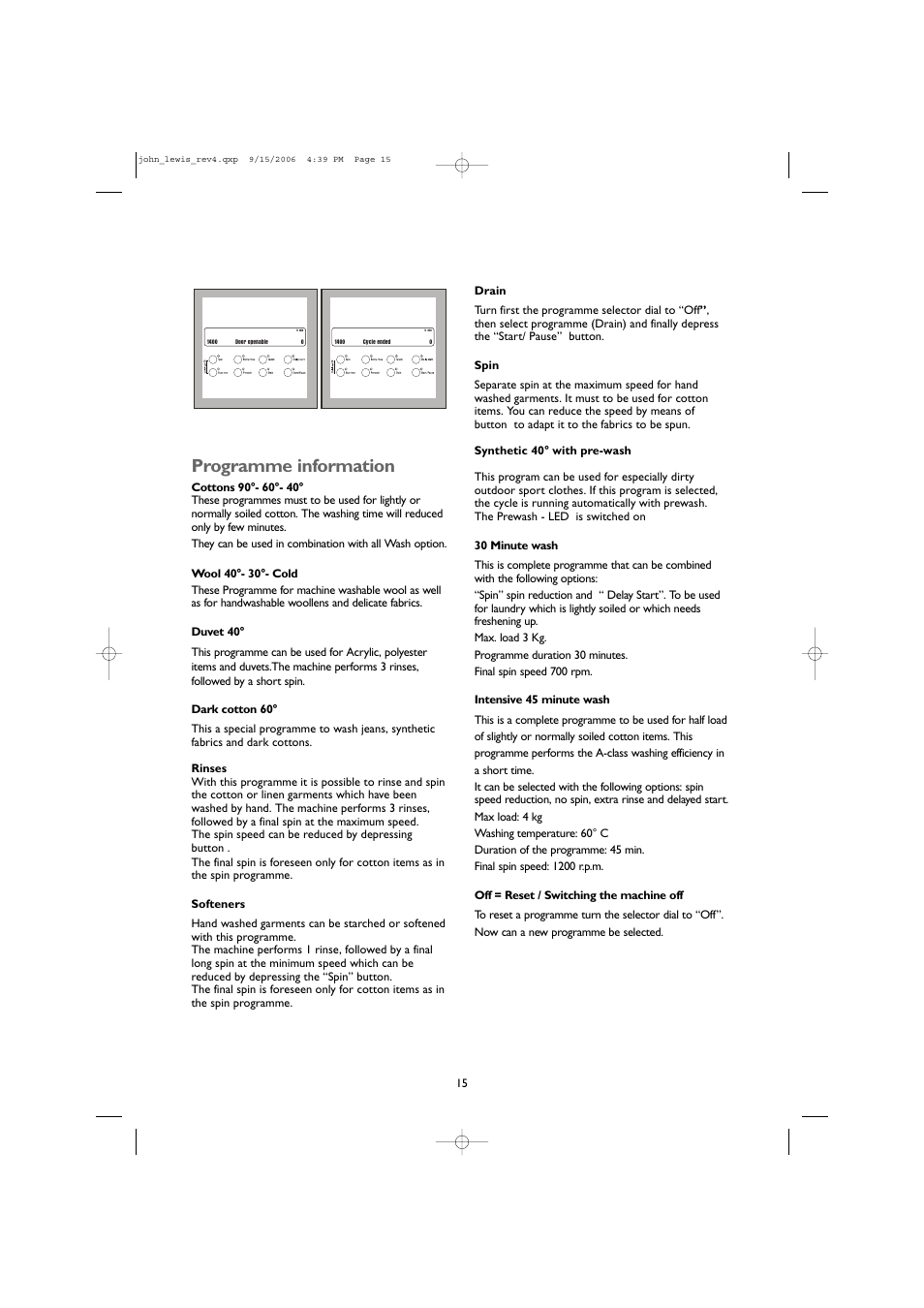 Programme information | John Lewis JLWM1405 User Manual | Page 15 / 28