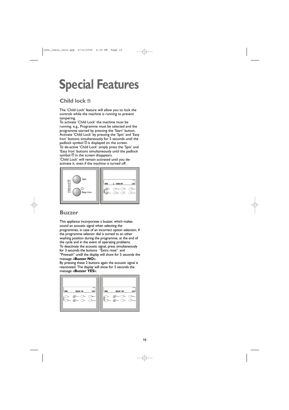 Special features, Child lock, Buzzer | John Lewis JLWM1405 User Manual | Page 16 / 28