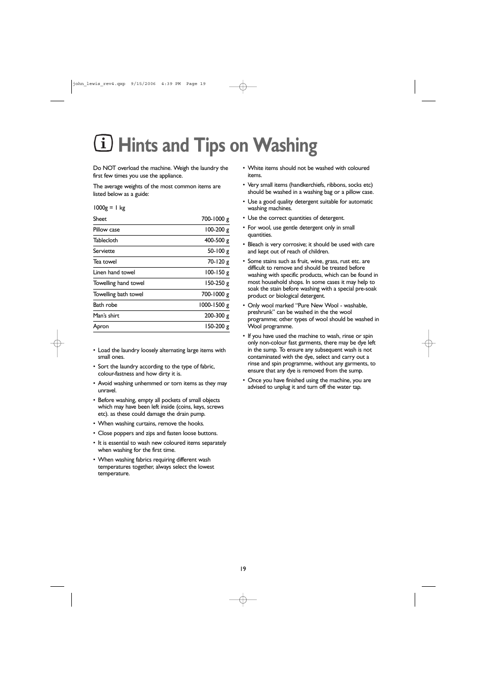 Hints and tips on washing | John Lewis JLWM1405 User Manual | Page 19 / 28