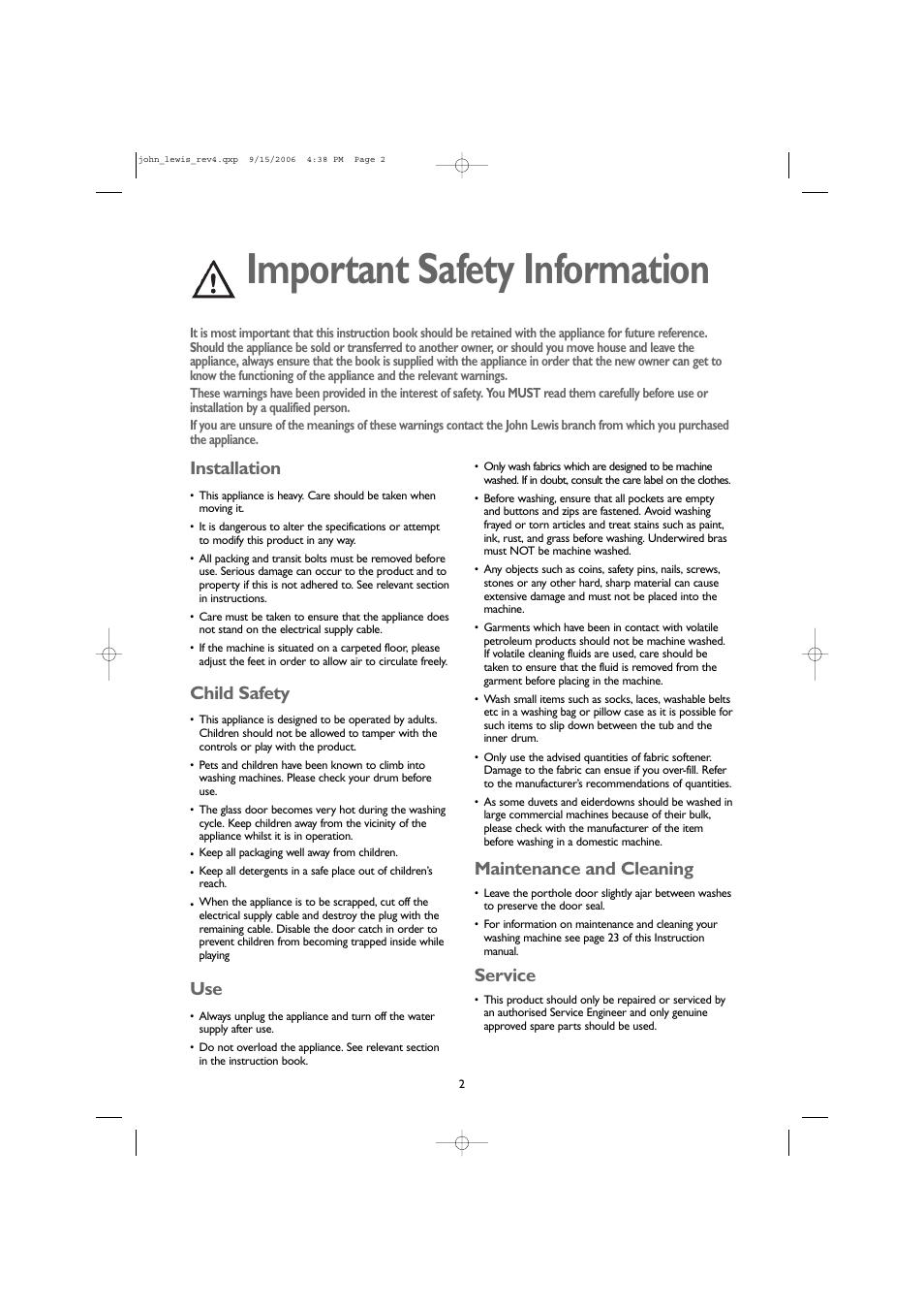 Important safety information, Installation, Child safety | Maintenance and cleaning, Service | John Lewis JLWM1405 User Manual | Page 2 / 28