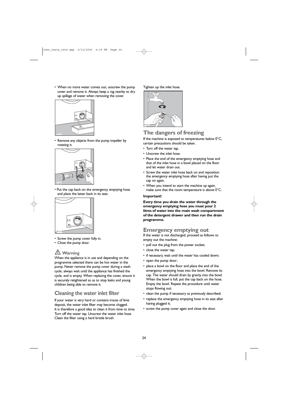 Cleaning the water inlet filter, The dangers of freezing, Emergency emptying out | John Lewis JLWM1405 User Manual | Page 24 / 28