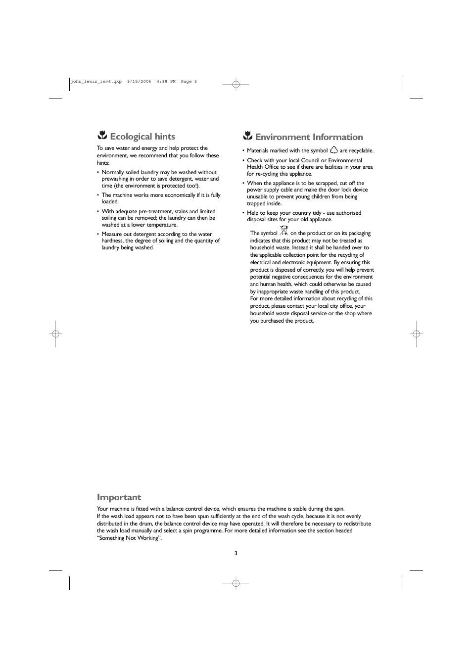 Ecological hints, Environment information, Important | John Lewis JLWM1405 User Manual | Page 3 / 28