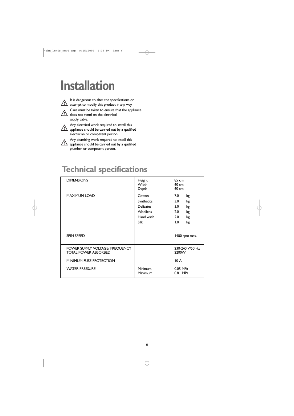 Installation, Technical specifications | John Lewis JLWM1405 User Manual | Page 6 / 28