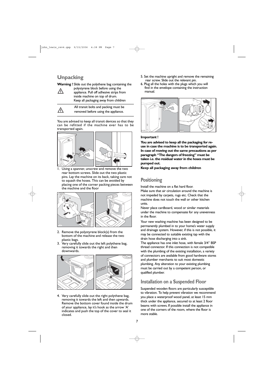 Positioning, Installation on a suspended floor, Unpacking | John Lewis JLWM1405 User Manual | Page 7 / 28