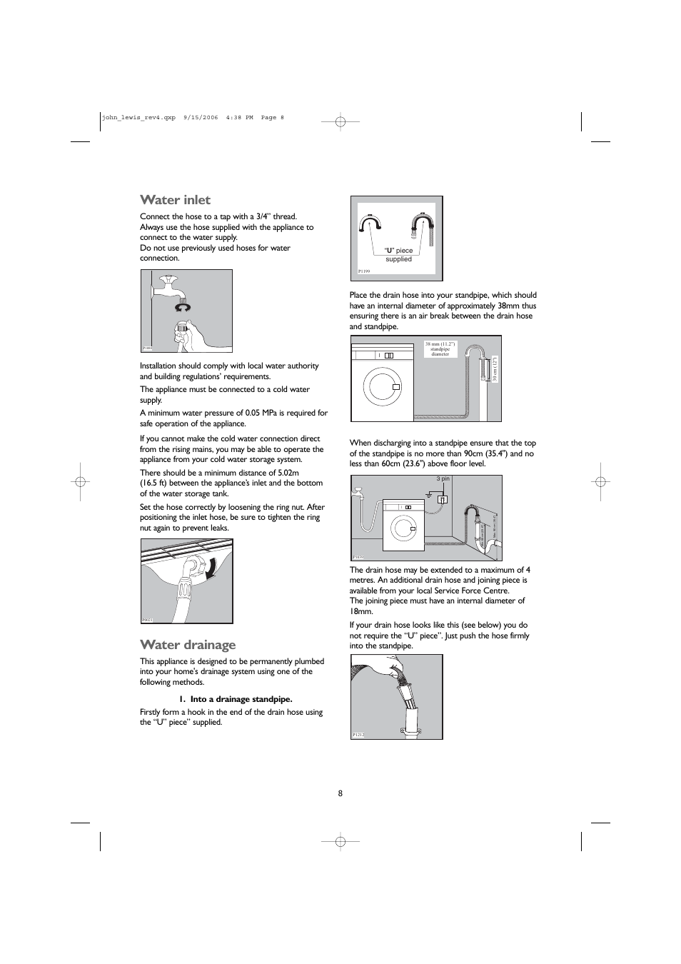 Water inlet, Water drainage | John Lewis JLWM1405 User Manual | Page 8 / 28