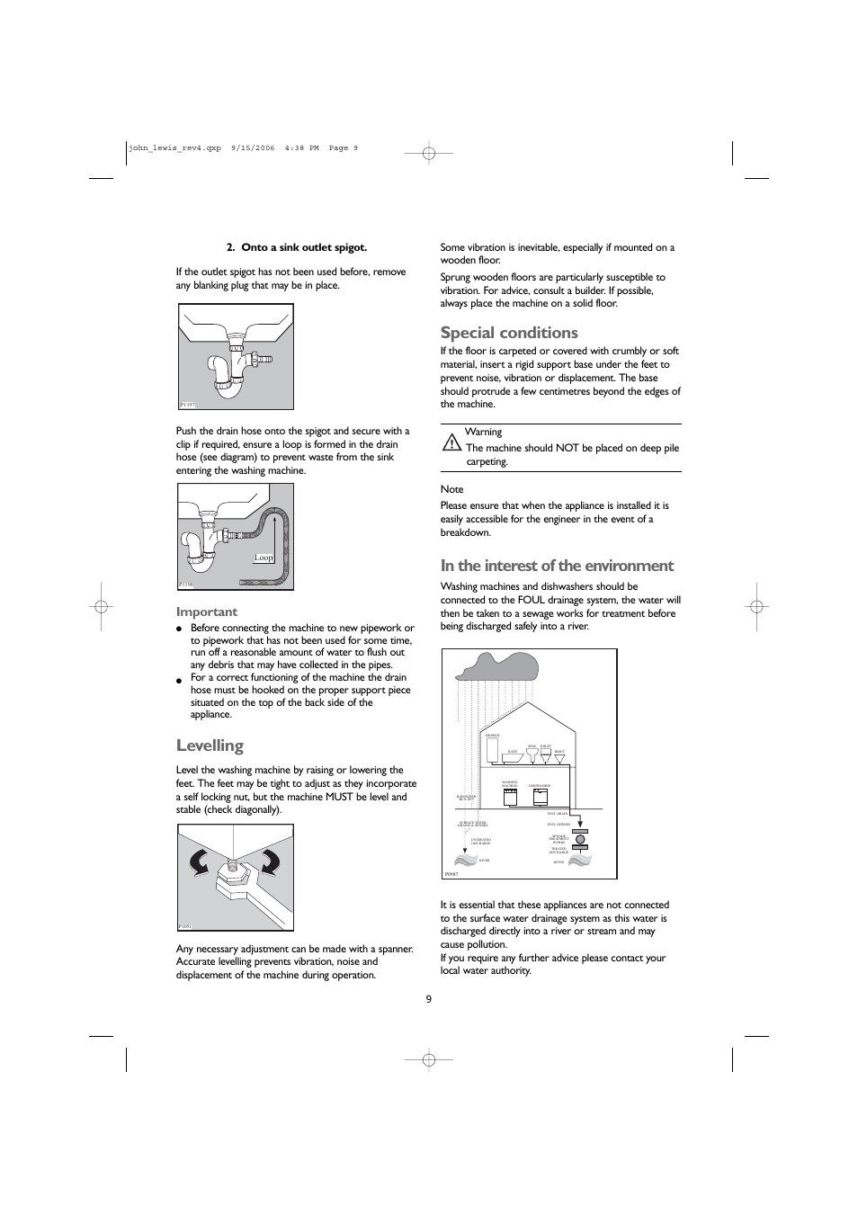 Levelling, Special conditions, Important | John Lewis JLWM1405 User Manual | Page 9 / 28