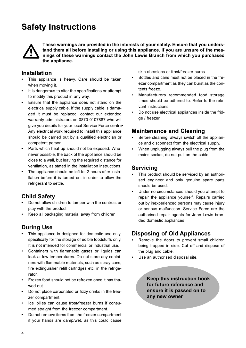 Safety instructions, Maintenance and cleaning, Servicing | Disposing of old appliances, Installation, Child safety, During use | John Lewis JLFFW2001 User Manual | Page 4 / 16