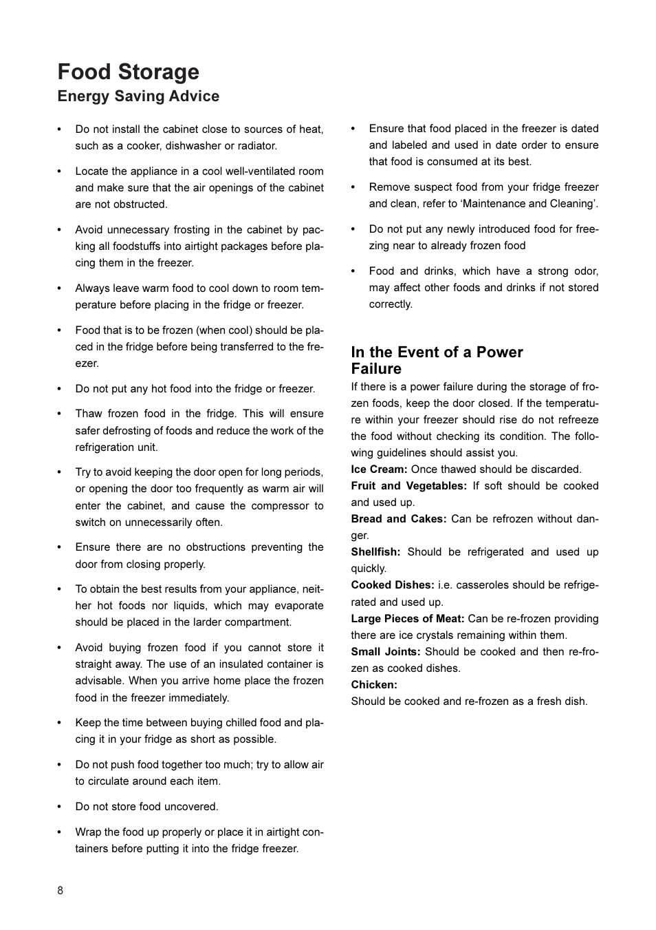 Food storage, Energy saving advice | John Lewis JLFFW2001 User Manual | Page 8 / 16
