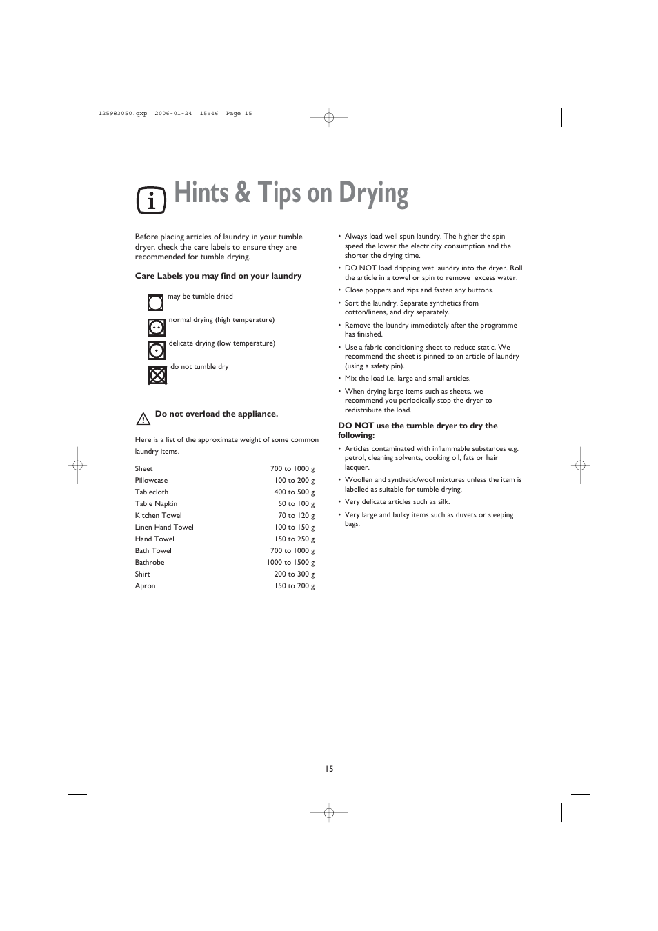 Hints & tips on drying | John Lewis JLDV 02 User Manual | Page 15 / 20