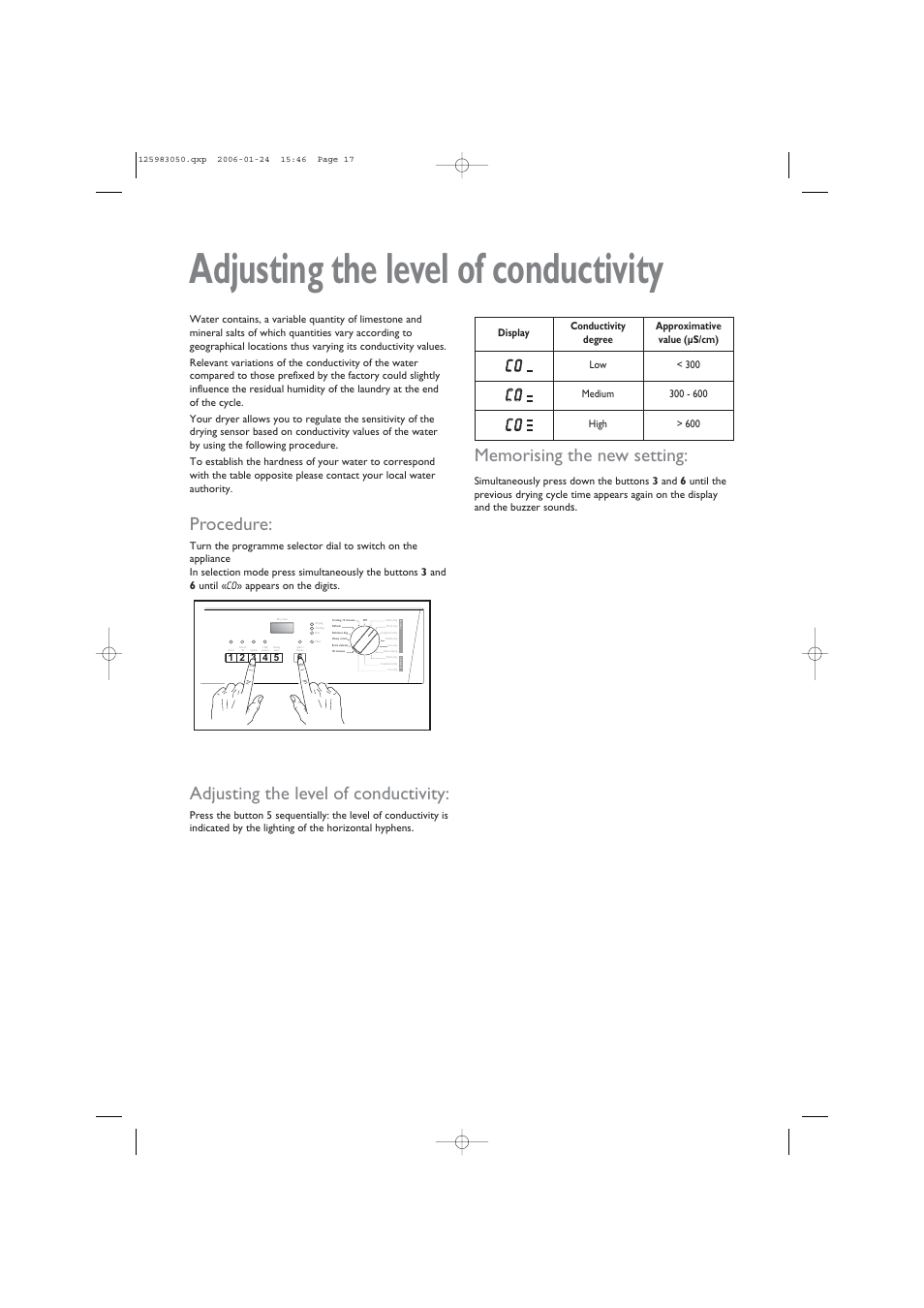 Adjusting the level of conductivity, Procedure, Cc 0 0 | John Lewis JLDV 02 User Manual | Page 17 / 20