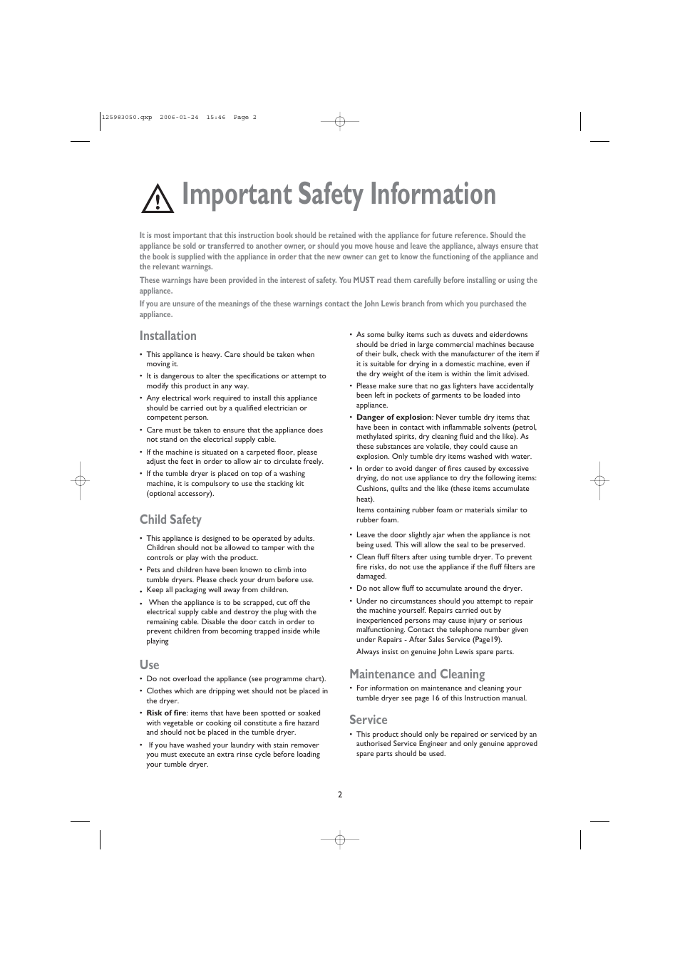 Important safety information, Installation, Child safety | Maintenance and cleaning, Service | John Lewis JLDV 02 User Manual | Page 2 / 20
