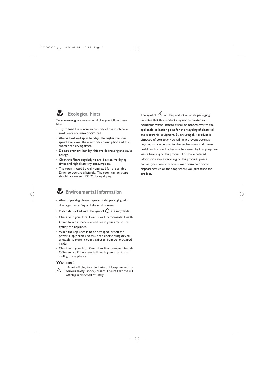Ecological hints, Environmental information | John Lewis JLDV 02 User Manual | Page 3 / 20