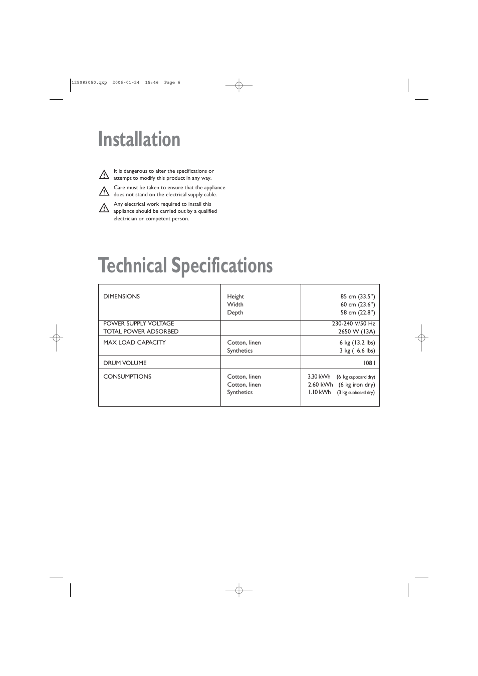 Technical specifications, Installation | John Lewis JLDV 02 User Manual | Page 6 / 20