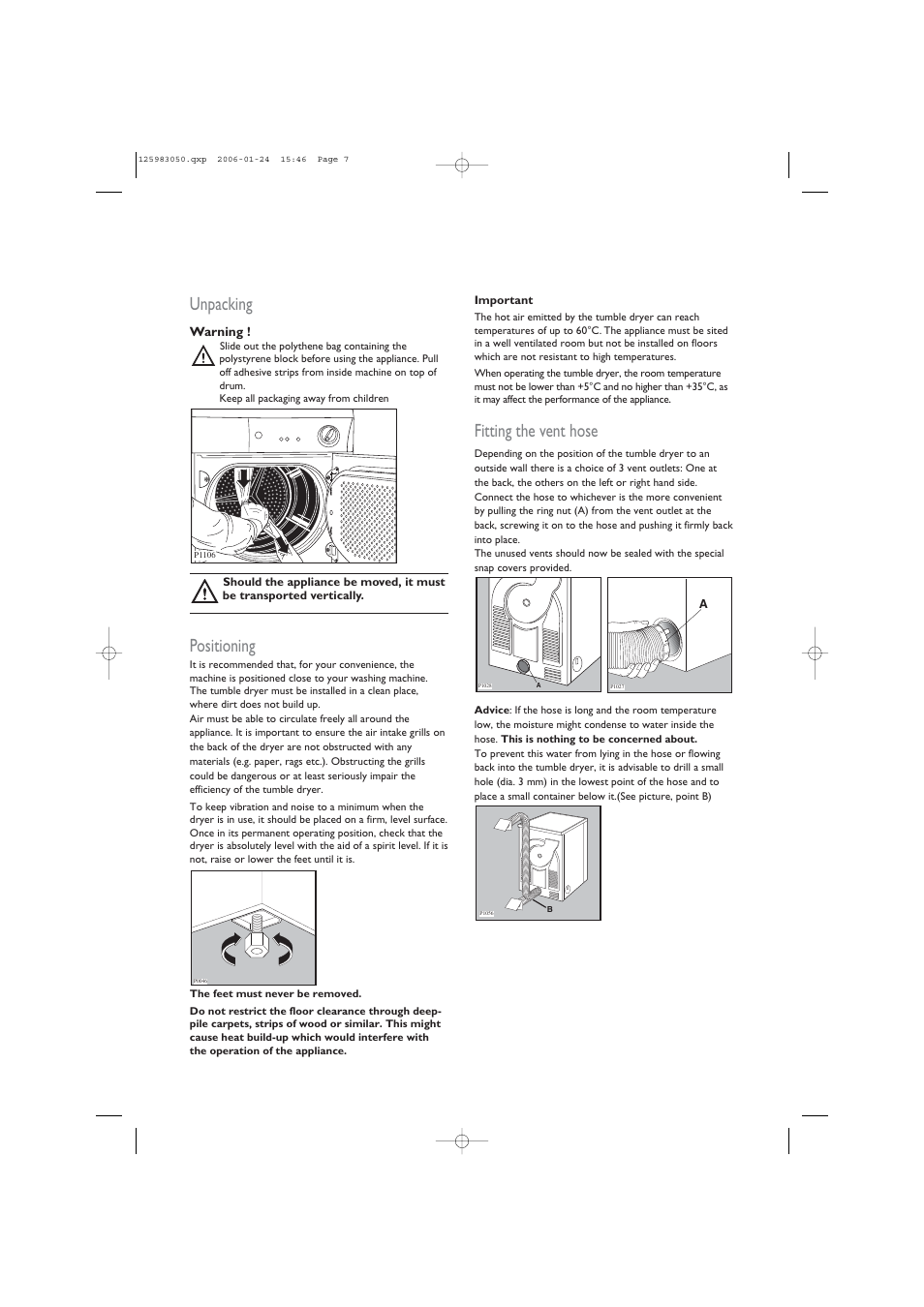 Unpacking, Positioning, Fitting the vent hose | John Lewis JLDV 02 User Manual | Page 7 / 20