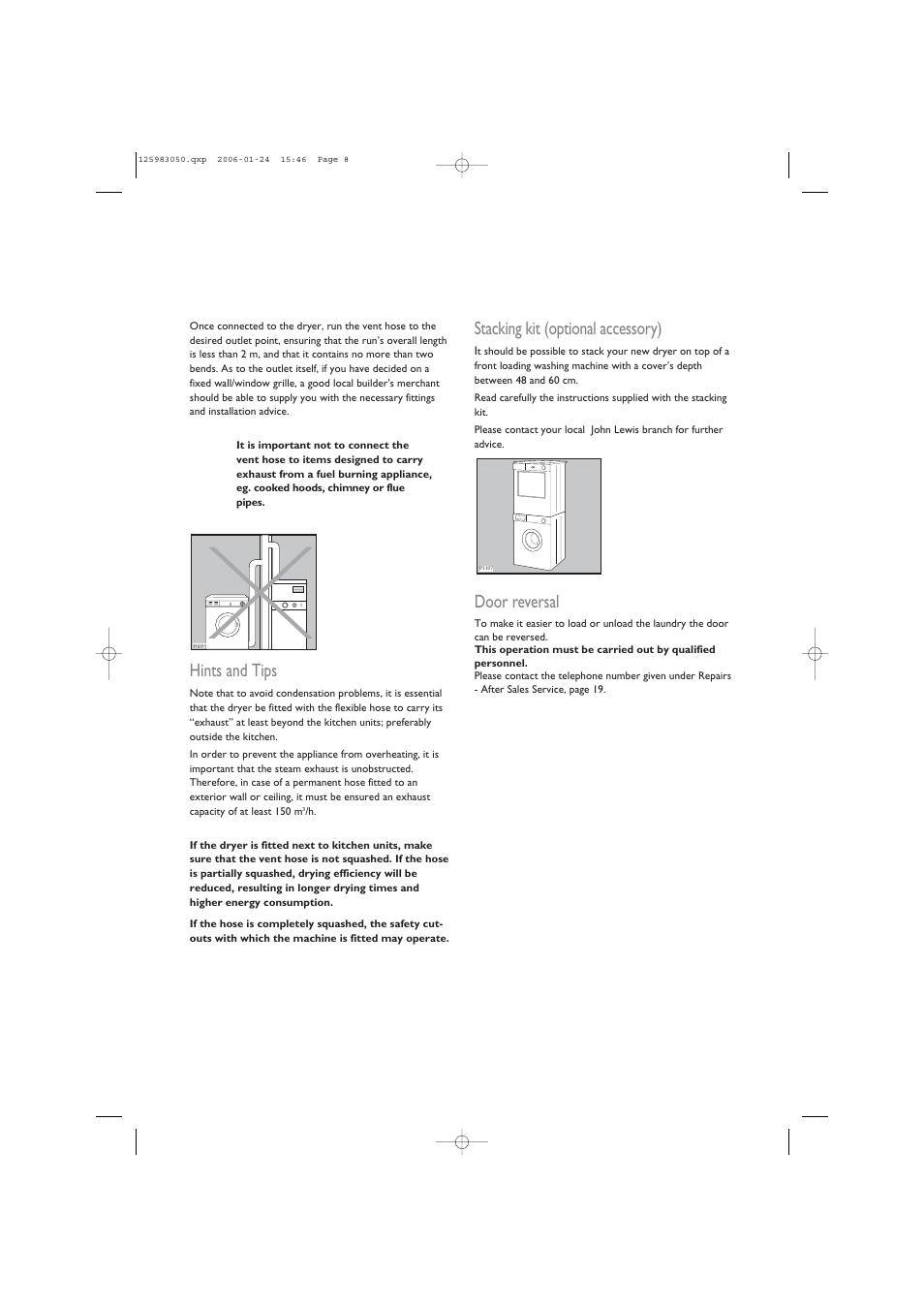 Stacking kit (optional accessory), Door reversal, Hints and tips | John Lewis JLDV 02 User Manual | Page 8 / 20