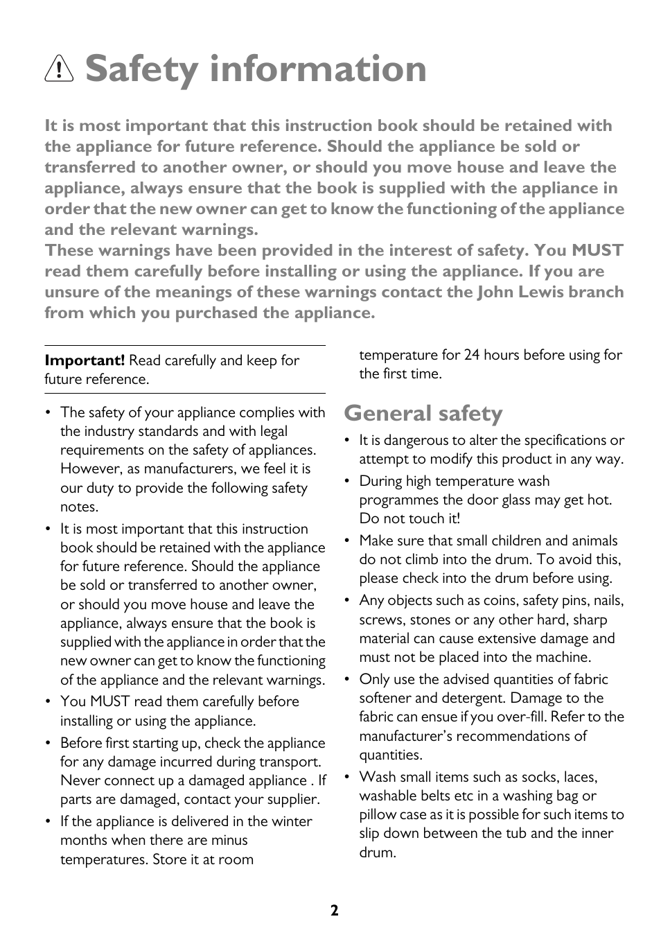 Safety information, General safety | John Lewis JLWM 1200 User Manual | Page 2 / 36