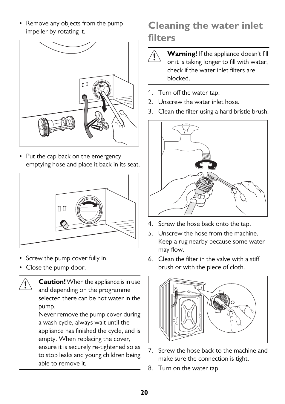 Cleaning the water inlet filters | John Lewis JLWM 1200 User Manual | Page 20 / 36