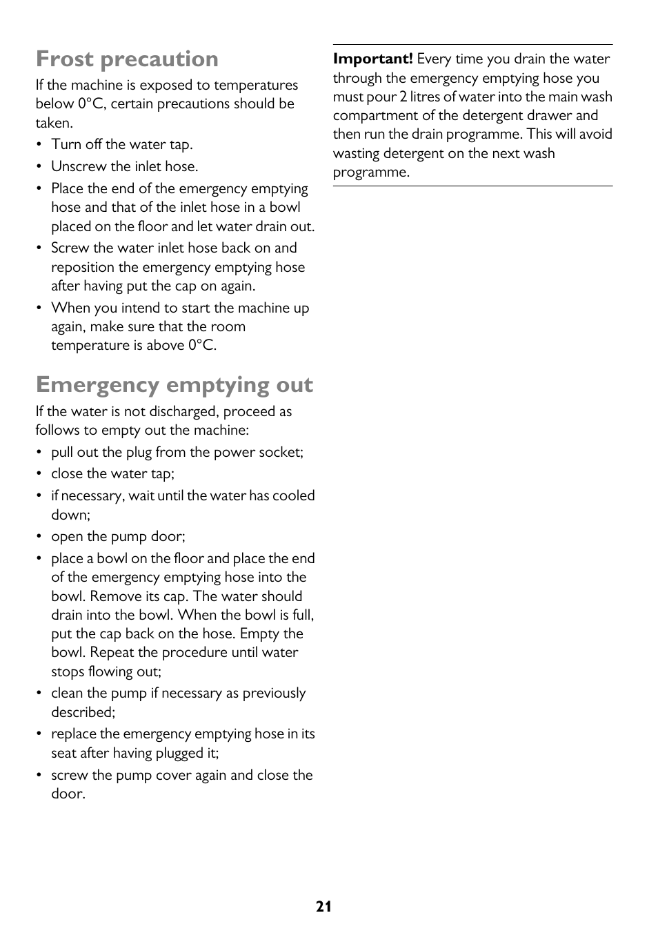 Frost precaution, Emergency emptying out | John Lewis JLWM 1200 User Manual | Page 21 / 36