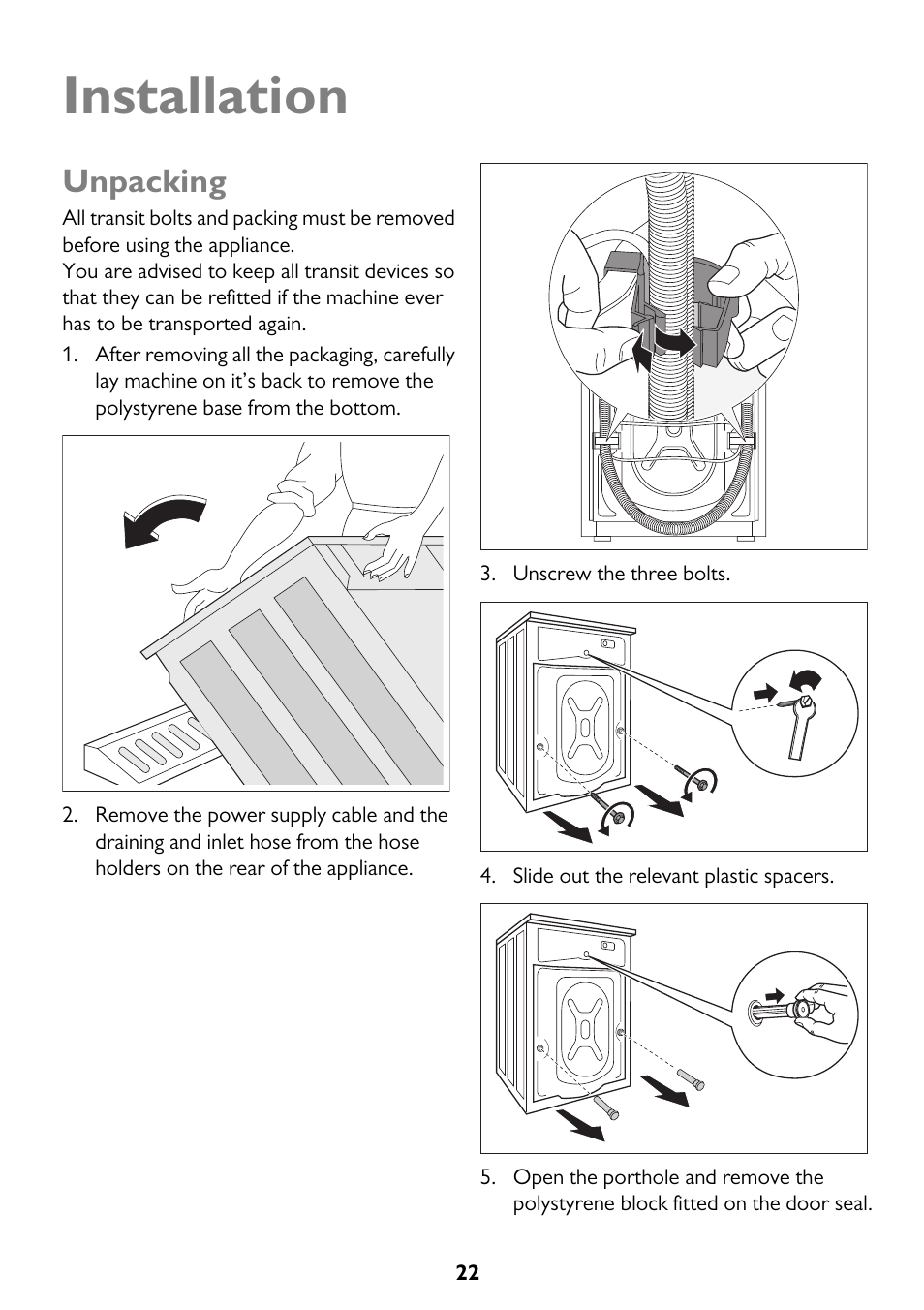 Installation, Unpacking | John Lewis JLWM 1200 User Manual | Page 22 / 36