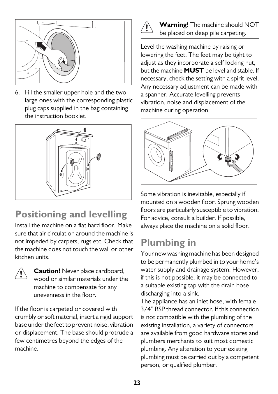 Positioning and levelling, Plumbing in | John Lewis JLWM 1200 User Manual | Page 23 / 36