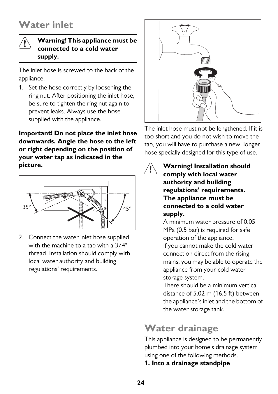 Water inlet, Water drainage | John Lewis JLWM 1200 User Manual | Page 24 / 36