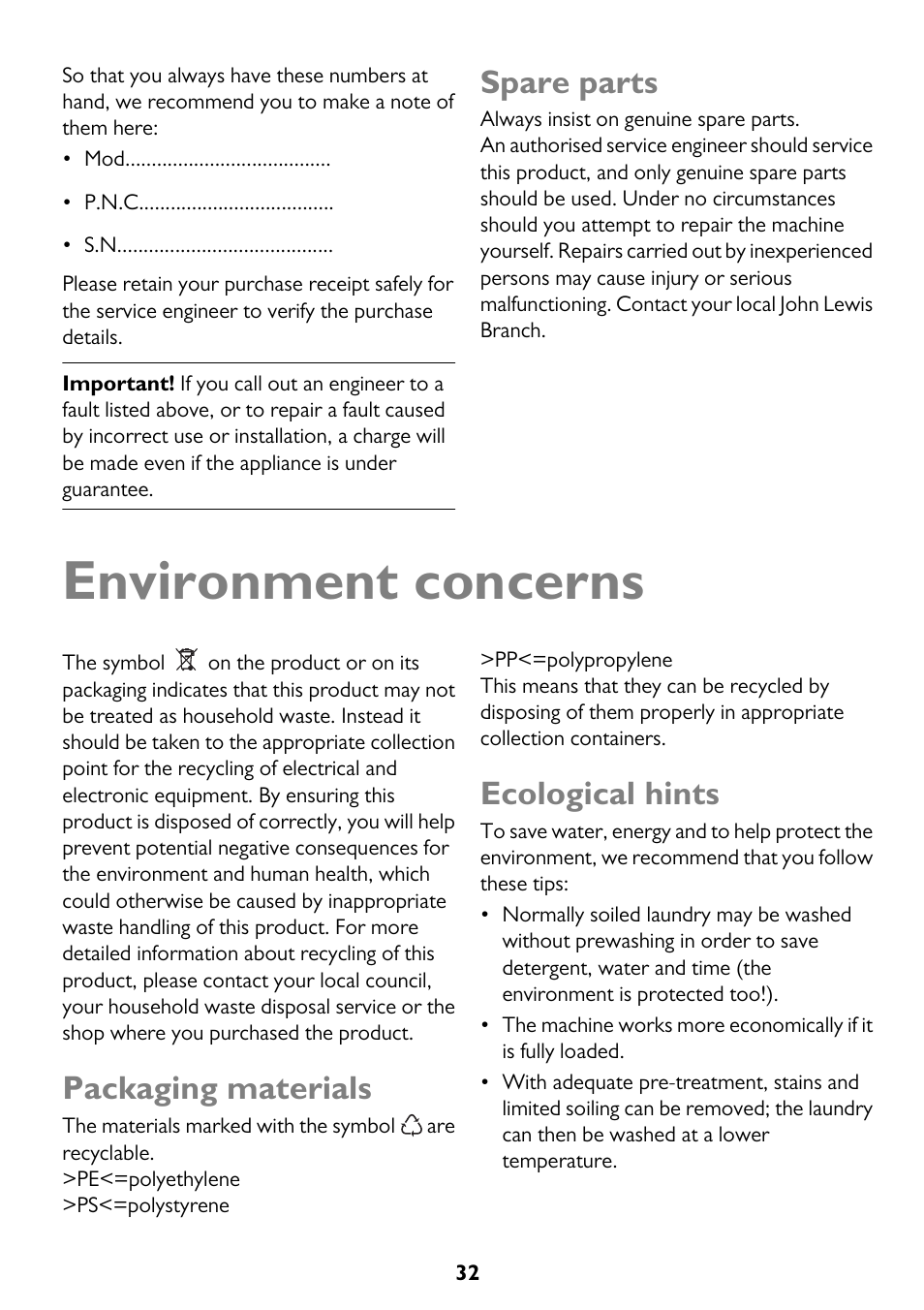 Environment concerns, Spare parts, Packaging materials | Ecological hints | John Lewis JLWM 1200 User Manual | Page 32 / 36