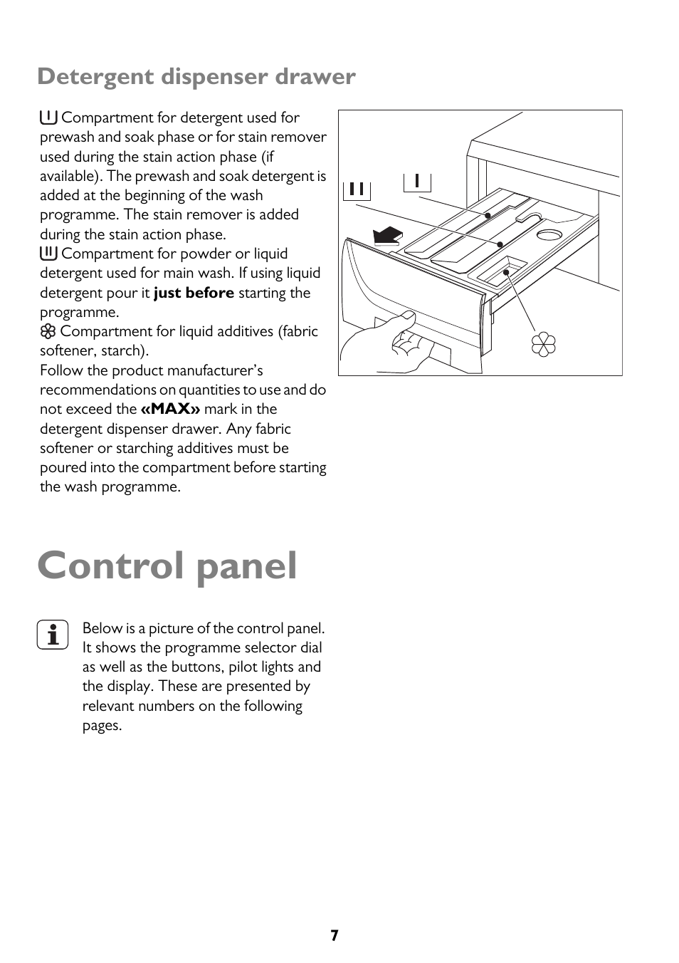 Control panel, Detergent dispenser drawer | John Lewis JLWM 1200 User Manual | Page 7 / 36