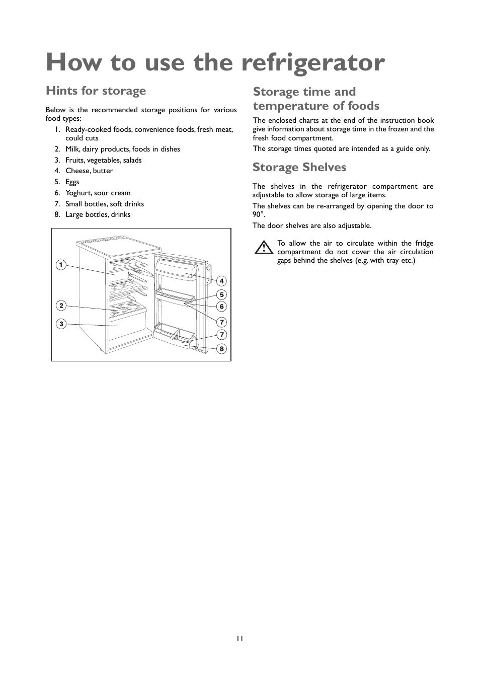 How to use the refrigerator, Storage time and temperature of foods, Hints for storage | Storage shelves | John Lewis JLUCLFW6003 User Manual | Page 11 / 20