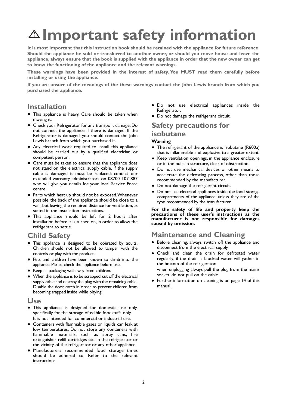 Important safety information, Installation, Safety precautions for isobutane | Maintenance and cleaning, Child safety | John Lewis JLUCLFW6003 User Manual | Page 2 / 20