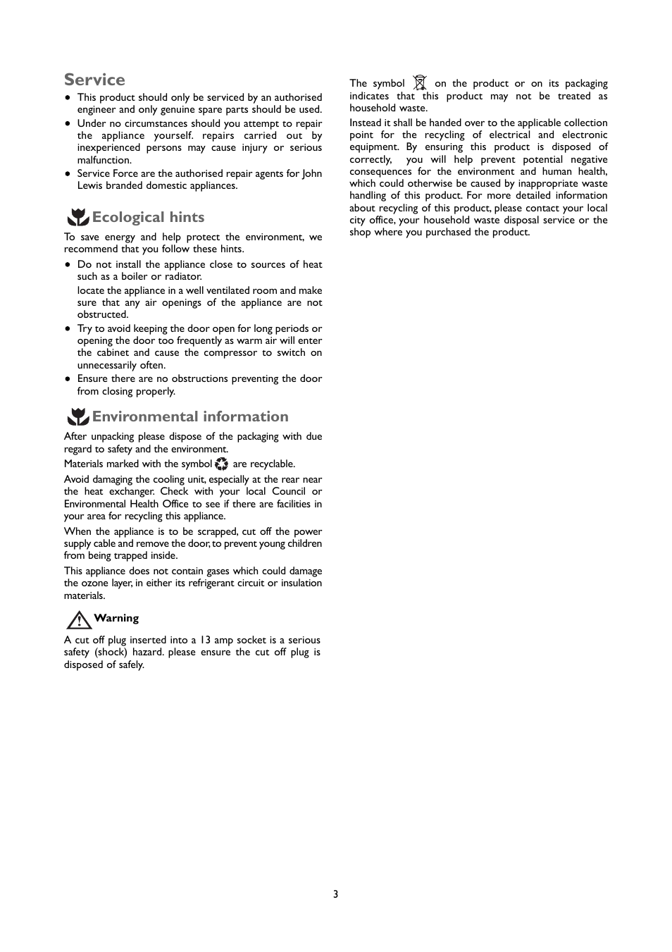 Service, Ecological hints, Environmental information | John Lewis JLUCLFW6003 User Manual | Page 3 / 20