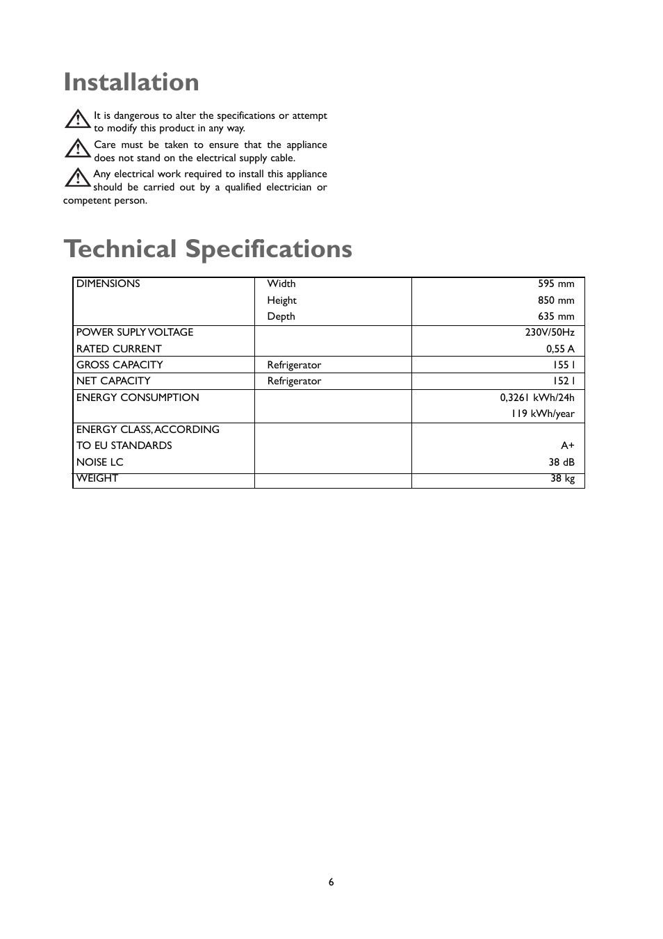 Technical specifications, Installation | John Lewis JLUCLFW6003 User Manual | Page 6 / 20