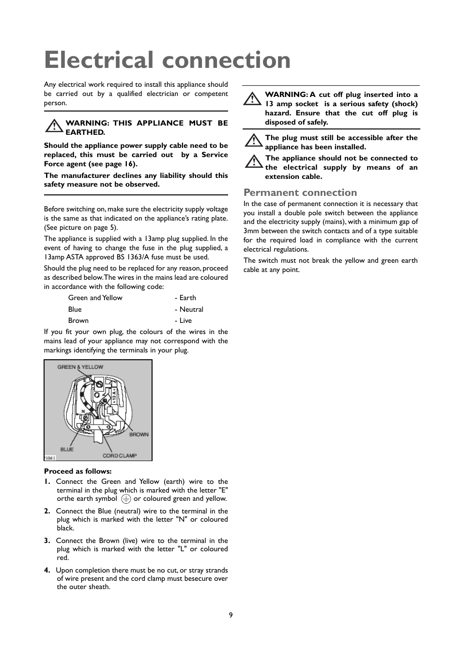 Electrical connection, Permanent connection | John Lewis JLUCLFW6003 User Manual | Page 9 / 20