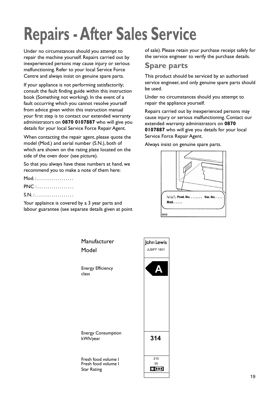 Repairs - after sales service, Spare parts | John Lewis JLBIFF 1801 User Manual | Page 19 / 20